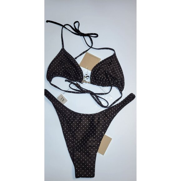 SAME Los Angeles Swim Bikini SeT Beaded Triangle Top and Bottom Polka Dot 90 XL - Picture 3 of 10